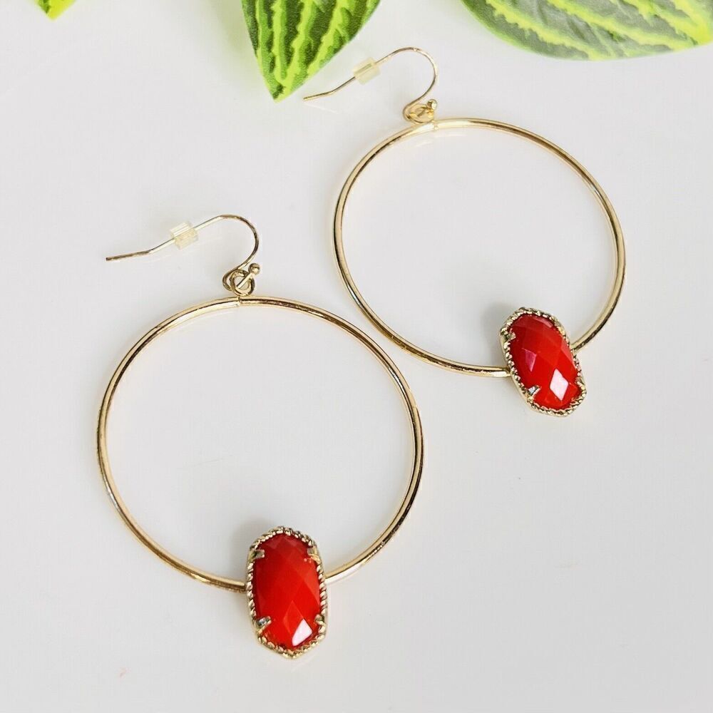 Red Resin Faceted Stone And Gold Tone Hoop Fashion Modern Earrings CUTE 4707